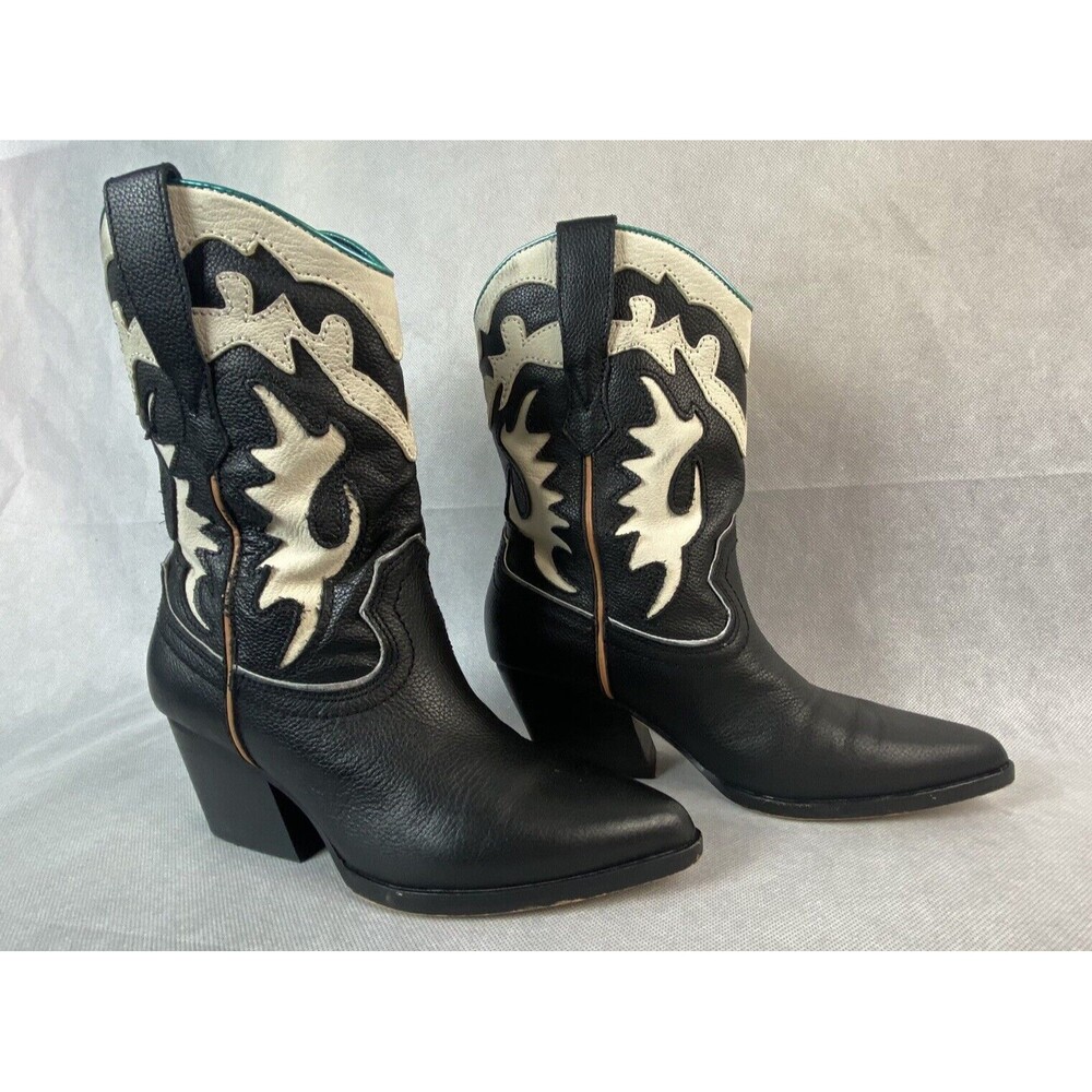 Dolce Vita Landen Boots Womens 6.5 Black White Ankle Cowboy Western Chunky Heel
